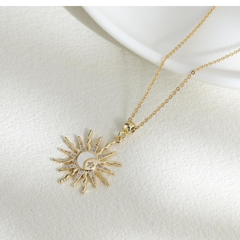 Sun Moon Necklace Womens 14K Gold Plated New Celestial CZ Mother of Pearl - Picture 5 of 5
